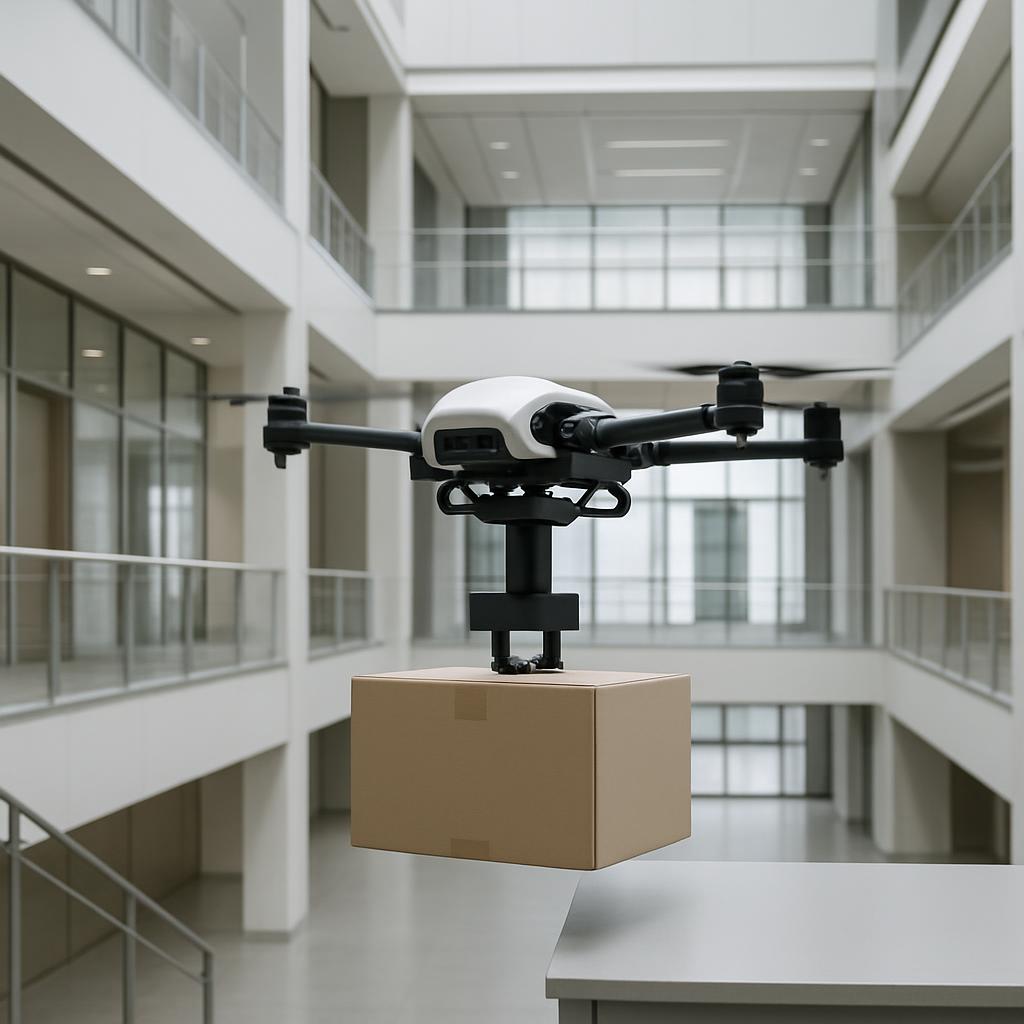 A white and black drone traveling slowly with a cardboard box attached to it, inside a large open-plan business building.