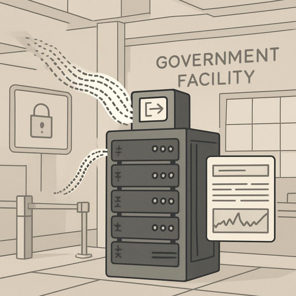 Illustration of a government facility with a server in the foreground.