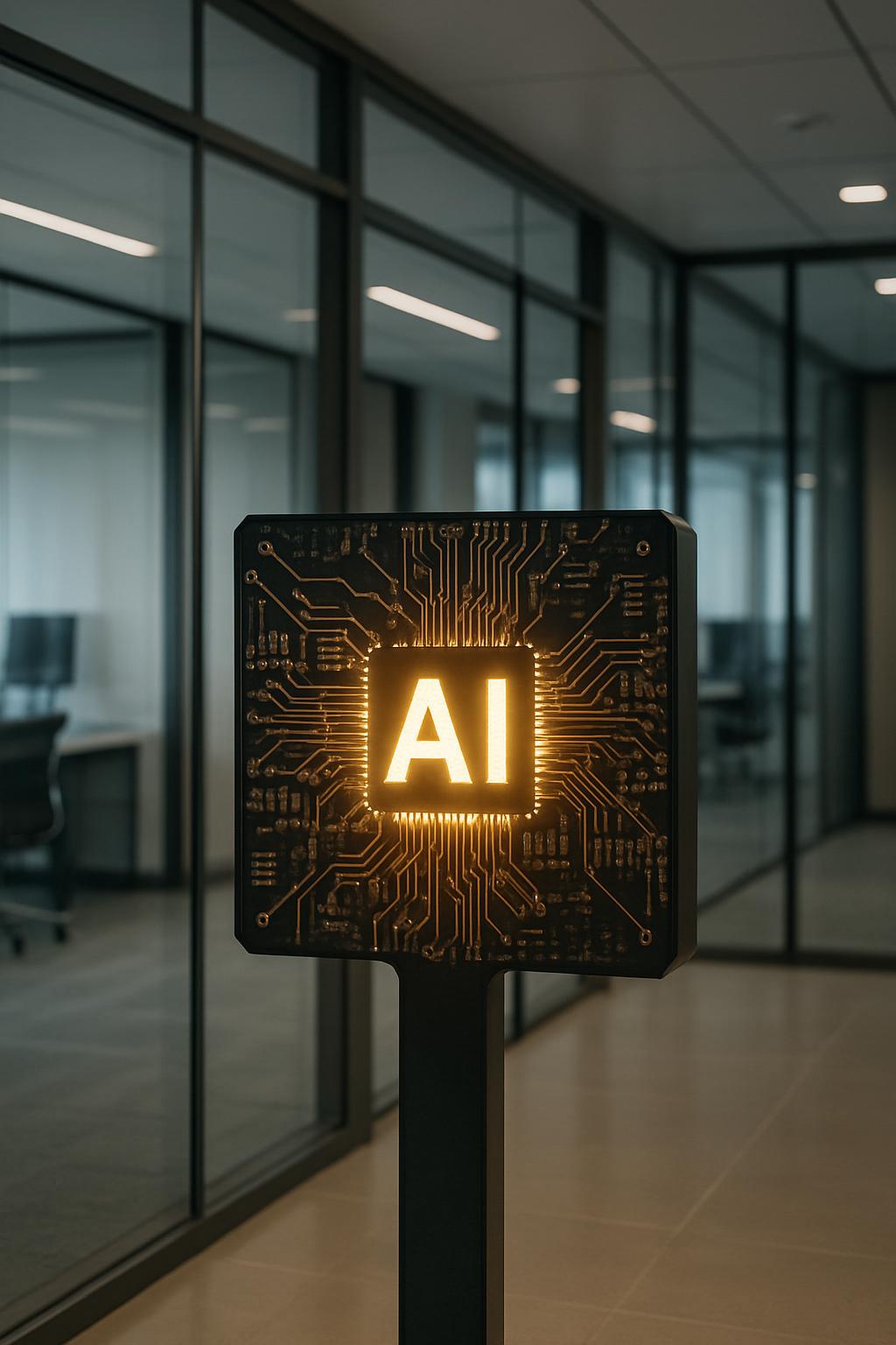 An artificial intelligence or AI sign in a hallway at what is likely an office building given the surrounding space.