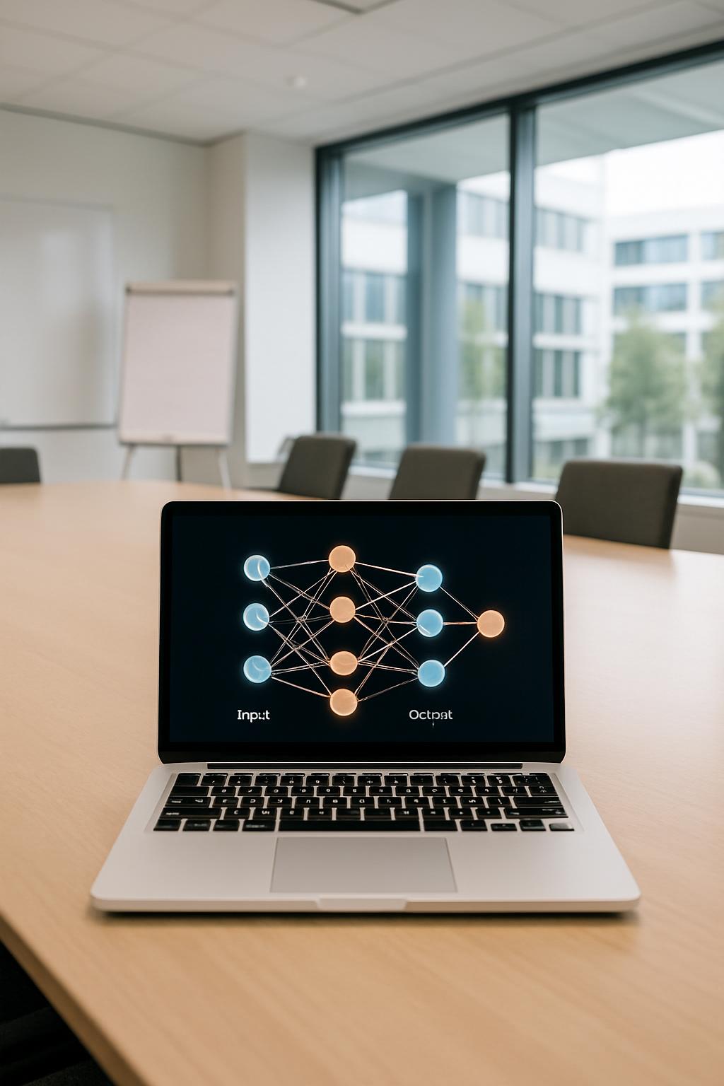 title Laptop with graph on screen displayed in conference room.